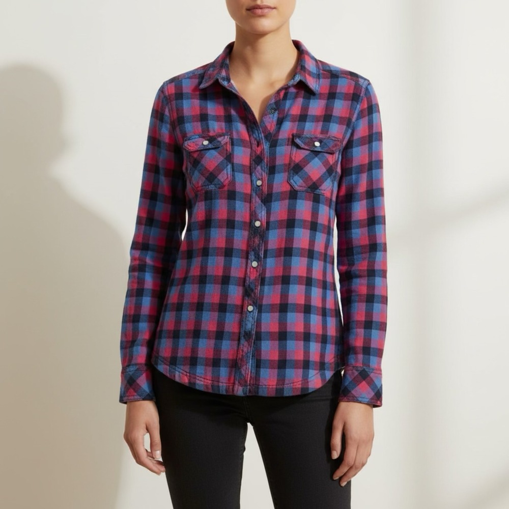 BC Clothing Woman Plaid Flannel Sherpa Lined Shirt Jacket Blue Pink Snap Front M